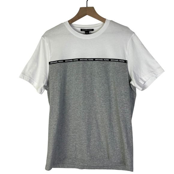 Michael Kors Color Block Gray White Logo‎ T-Shirt Crew Neck Short Sleeve Tee M - Picture 1 of 5